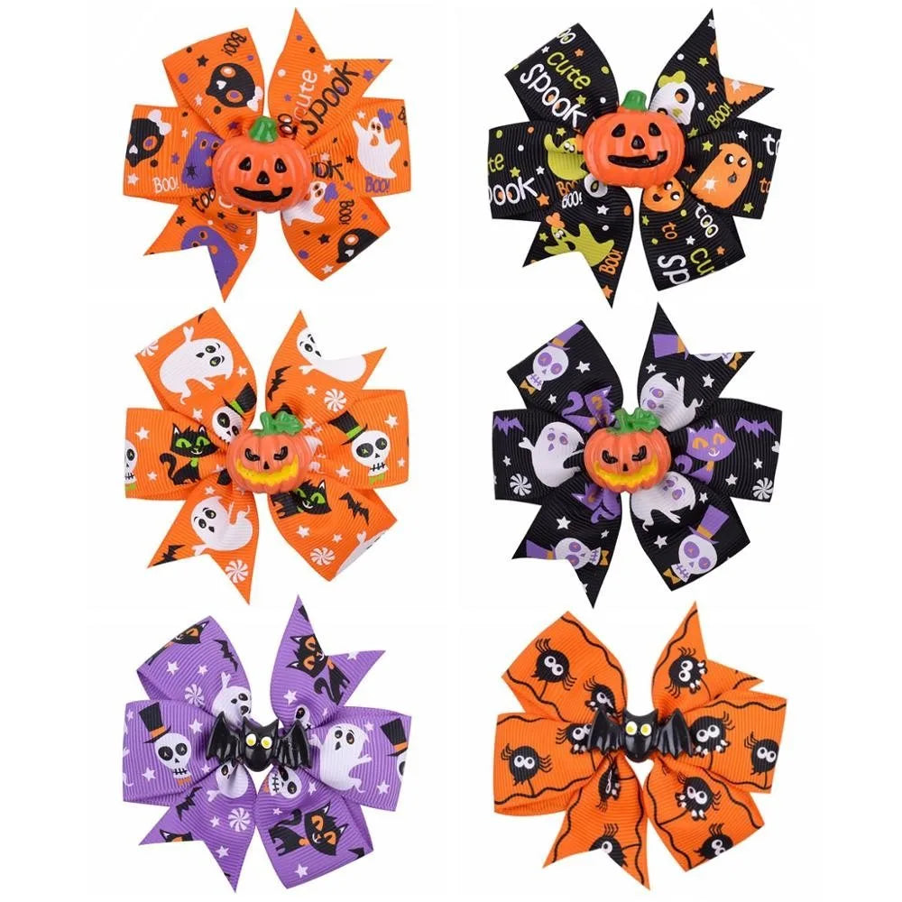 2Pcs/Set Halloween Hair Accessories for Kids Girls - Ribbon Bow Hairpin Ghost Pumpkin Bat Hair Clips for Party Decoration
