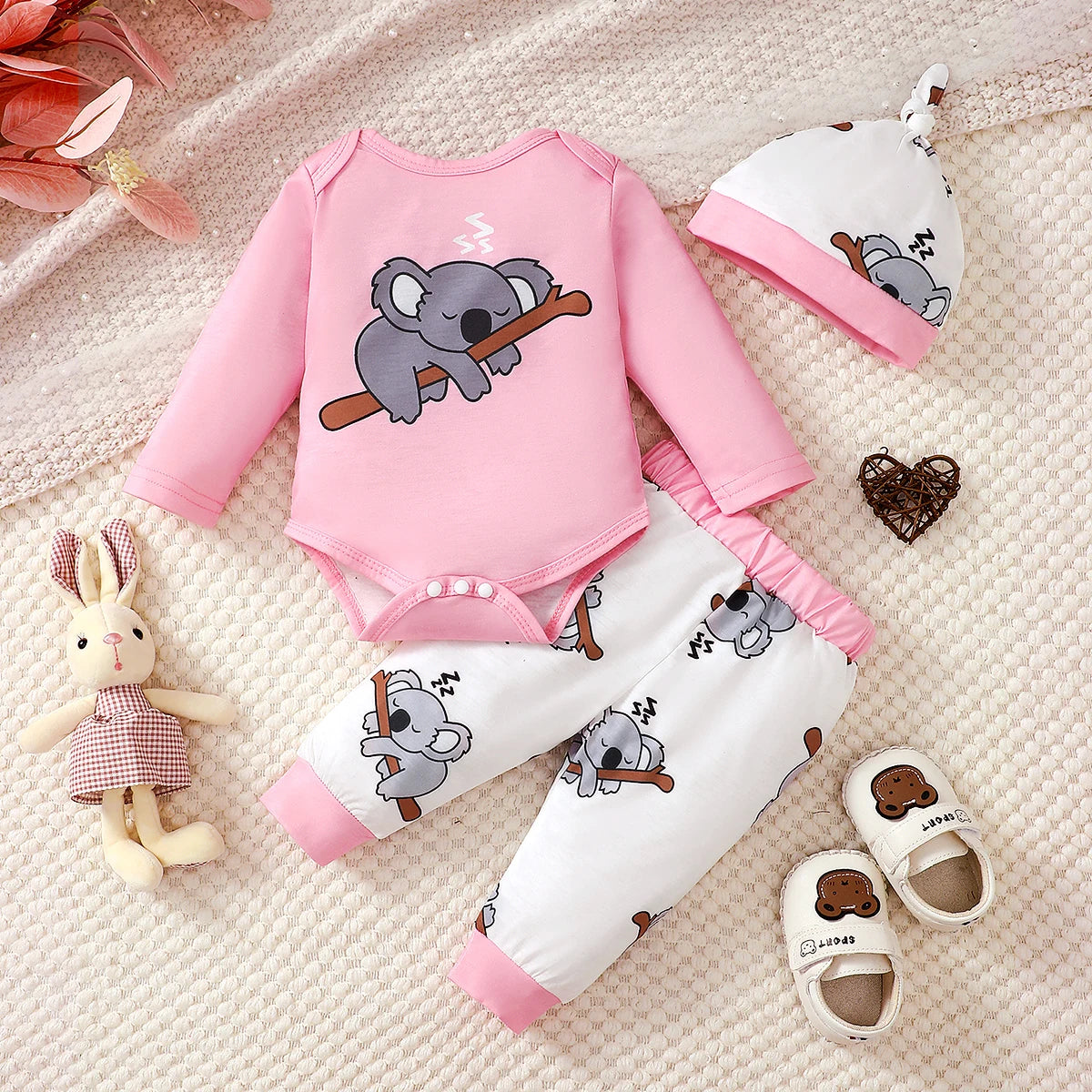 0-18 Months Newborn Baby Cute Koala Jumpsuit+Pants+Hat Three Piece Set Baby girl Spring and autumn set Baby Clothing