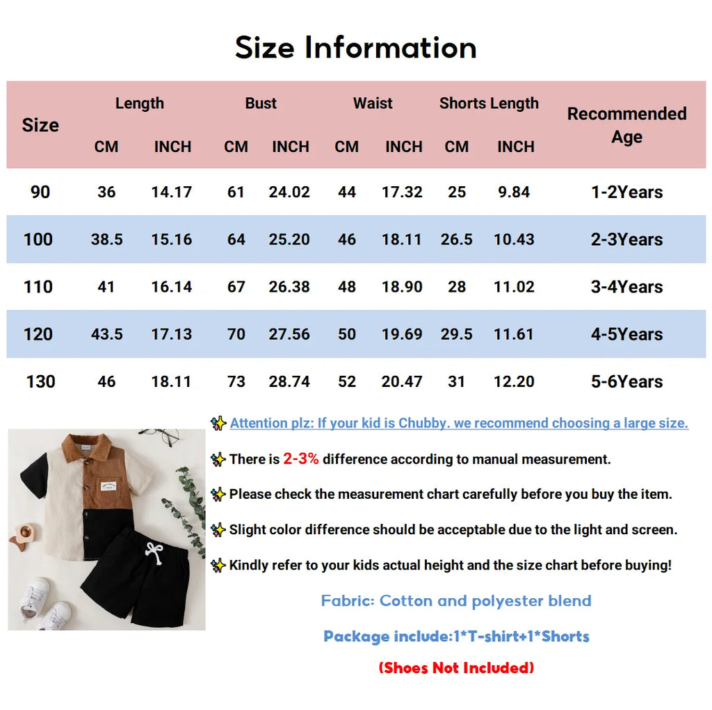 1-6 Year Children Boys' Flip collar Color Blocked Pit Stripe Top+Shorts Fashion 2Pcs /set Sunny  Handsome Boys' Summer Set