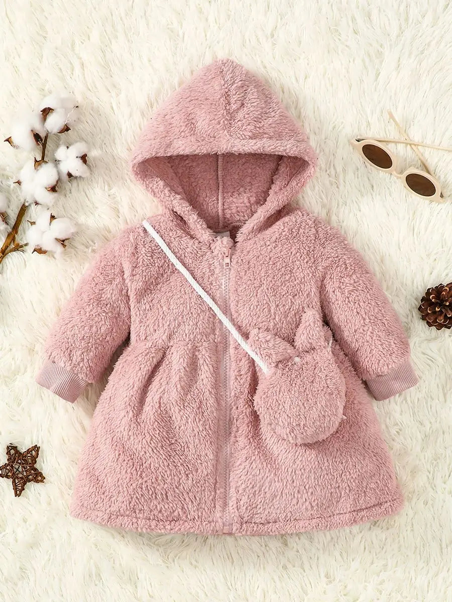 2pcs Toddler Baby girl Baby Hooded Plush Long sleeved Zipper Warm Jacket+Plush Bag 0-3 Year Baby Girl Winter Casual Loose Coat