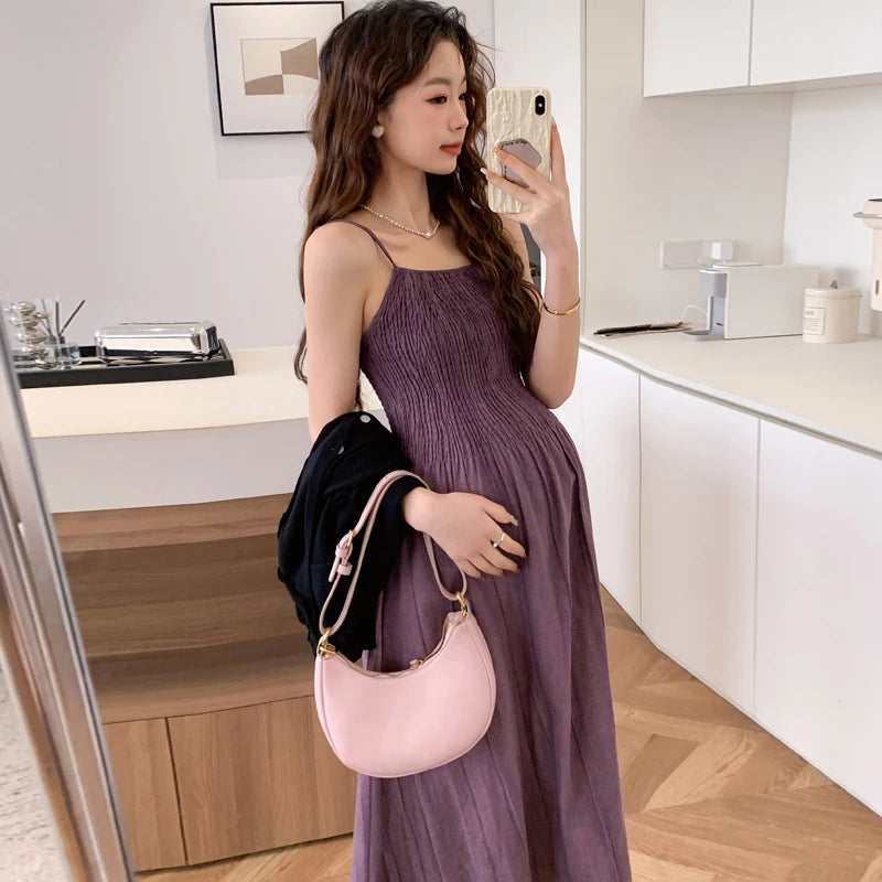 2026 Spring Maternity Dress Suits Long Sleeve Cardigans Strap Dress Twinset Pregnant Woman Clothing Set