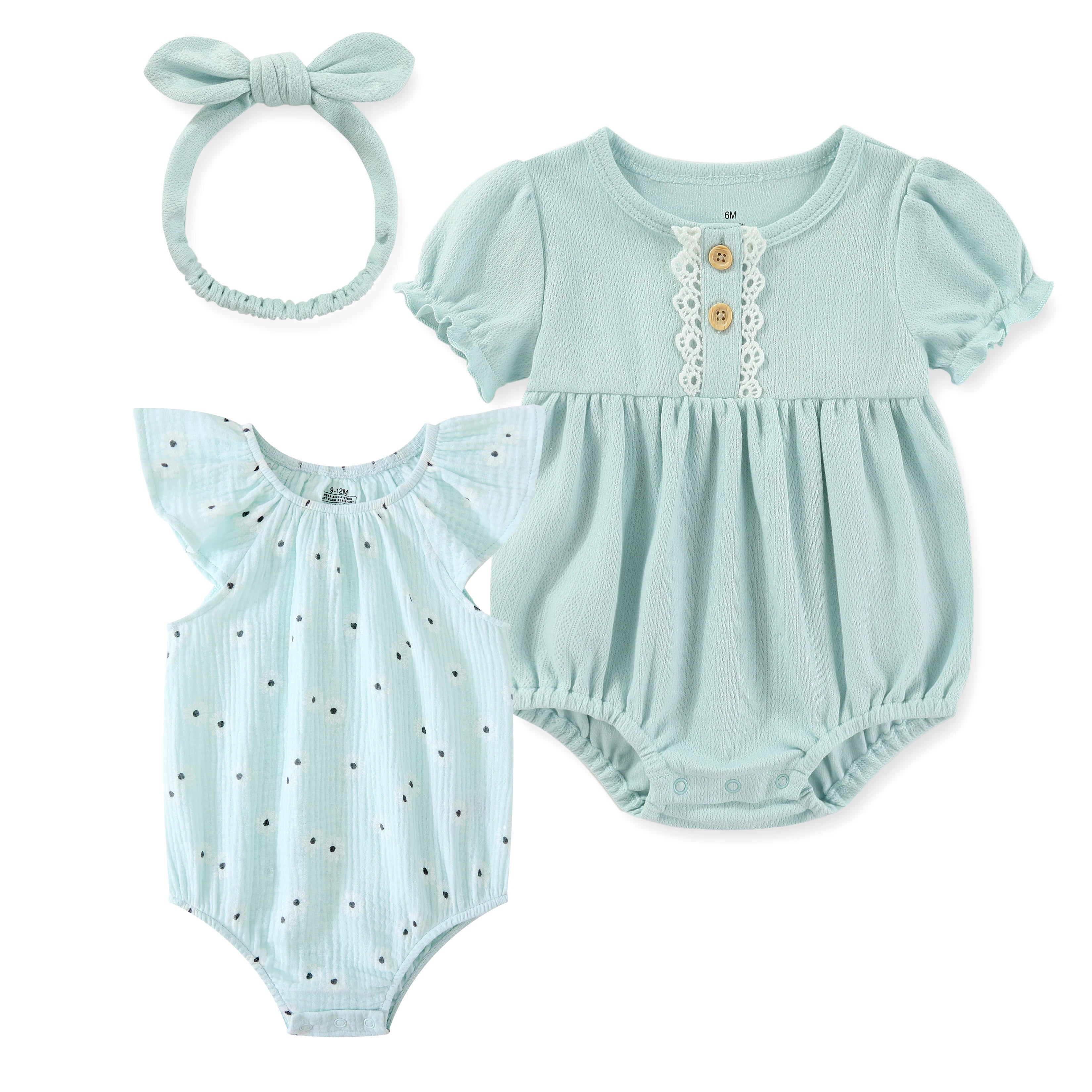 Fashion Cute Baby Girl Bodysuits 3 Pack With Headbands Soft Newborn Short Sleeve 0 24 Months