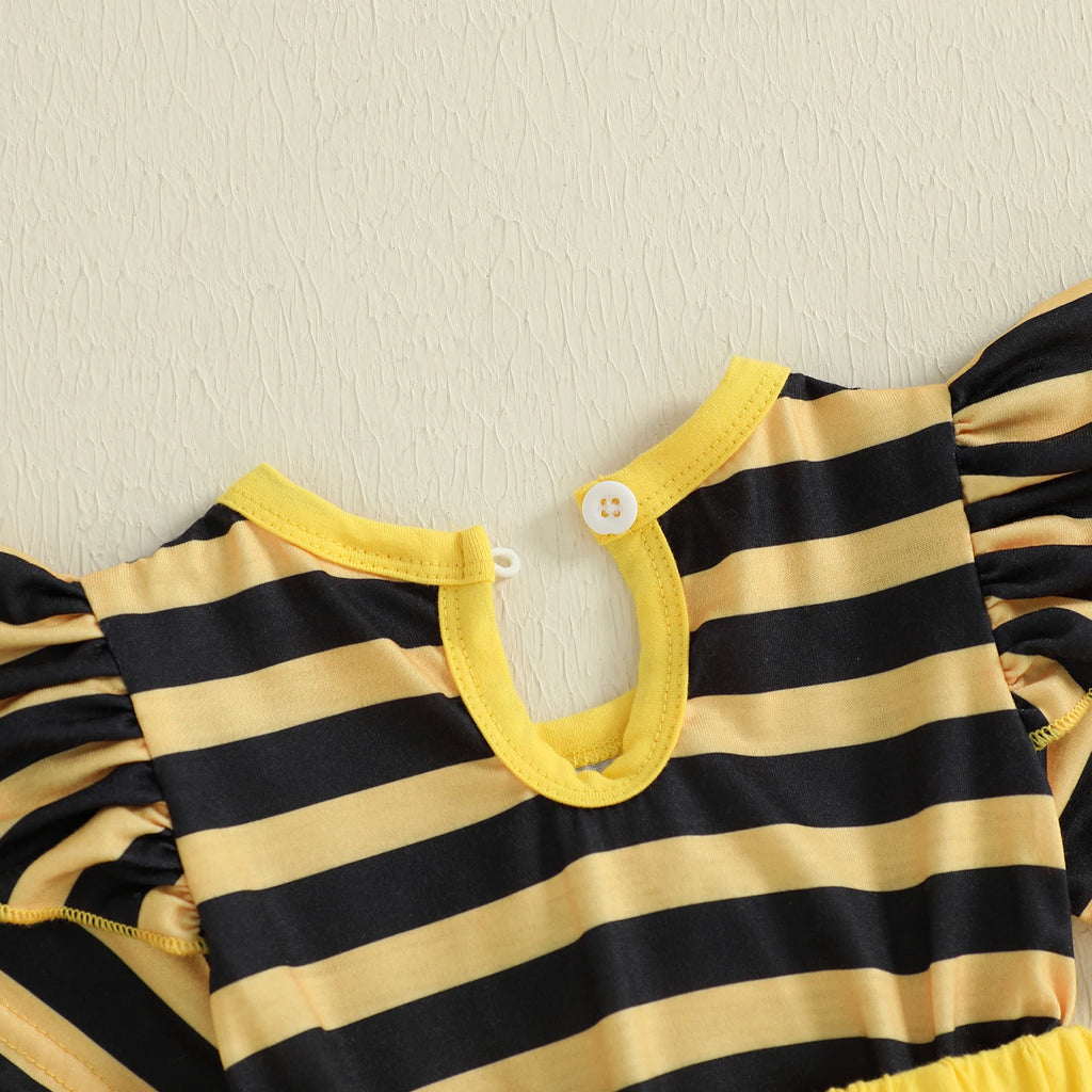 0-18M Newborn Baby Girl Romper Dress Summer Short Sleeve Striped Bee Pattern Tierred Bodysuit with Headband Cute Infant Clothes