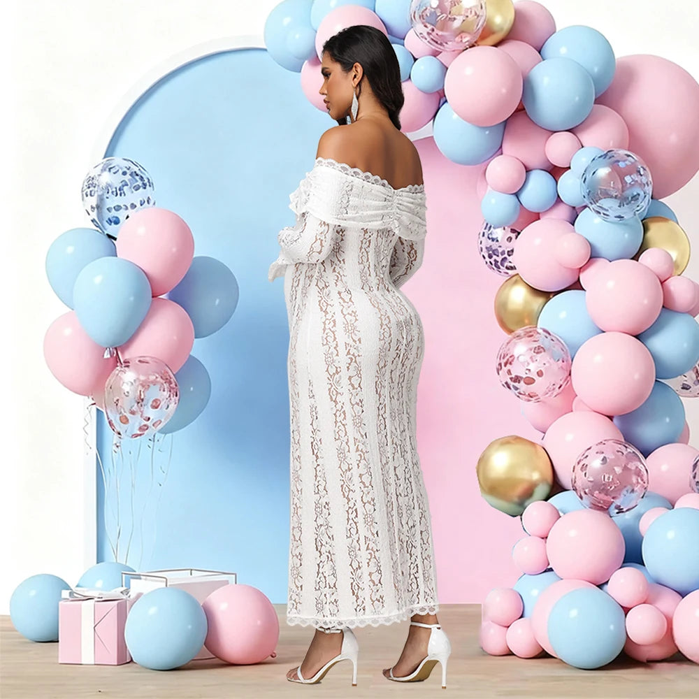 Maternity Lace Off Shoulder Dress Long Bell Sleeves Slim Photography Gown for Photoshoot Baby Shower