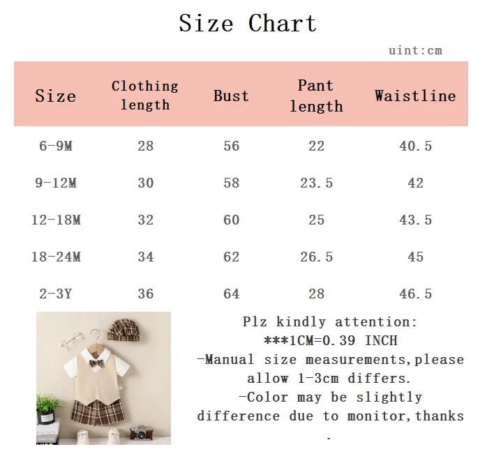 3Pcs Male baby gentleman style set patchwork short sleeved top, checkered shorts, and hat set for 9-24 Months Summer boys Set