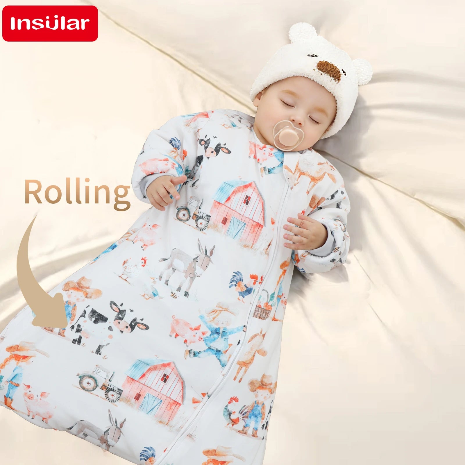 INSULAR Baby Cartoon Split-Leg Sleep Sack with Detachable Sleeves, 100% Cotton Thickened Winter & Autumn Toddler Sleeping Bag