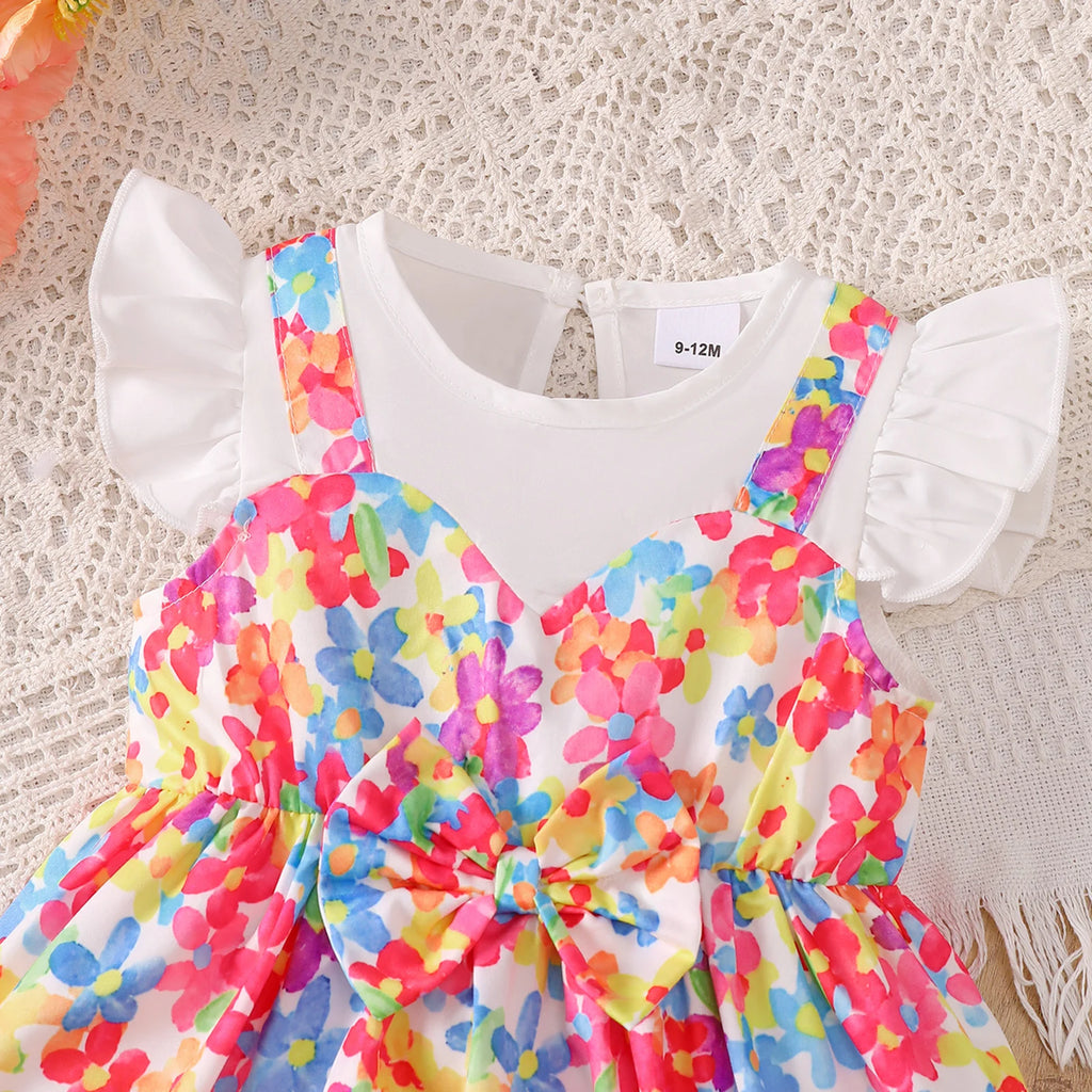 0-3 Year Baby girl Dress Round neck Colorful Floral Bow Dress+Headband Set Summer Cute Baby girl Casual Dress Baby clothing