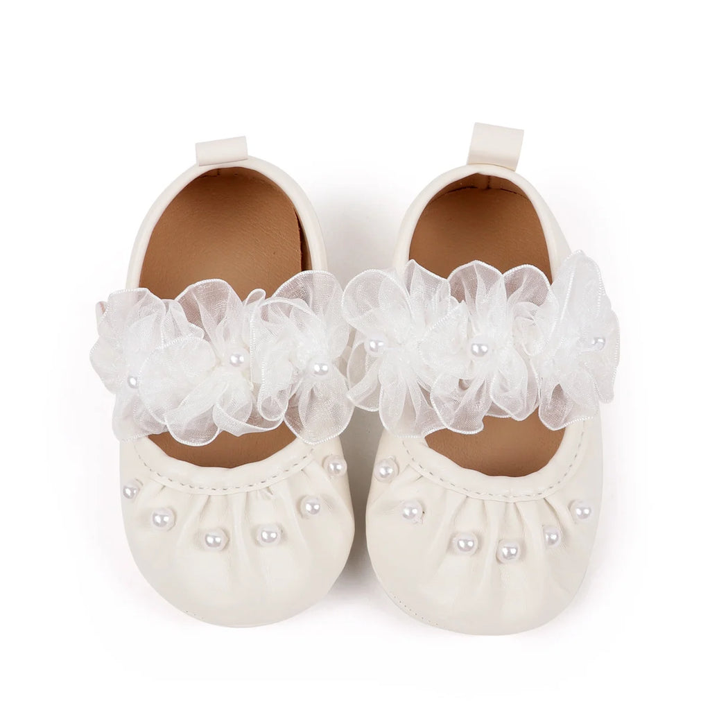 Charming Baby Girls' Pearl Decor Mesh Flower Soft Sole Flats