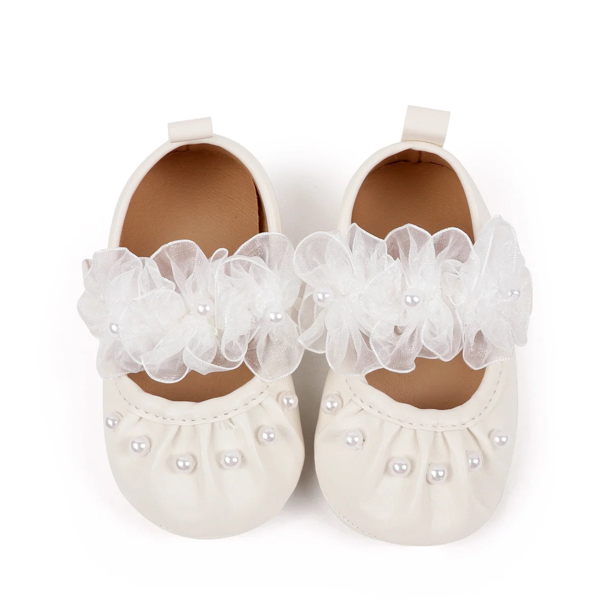 Charming Baby Girls' Pearl Decor Mesh Flower Soft Sole Flats