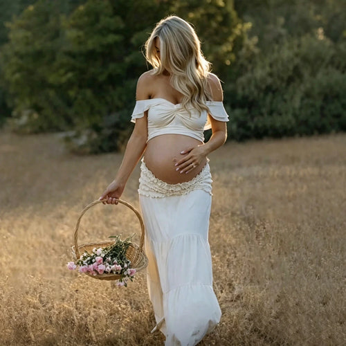 2 Piece Maternity Off Shoulder Twist Crop Top and Ruffle Maxi Skirt Set for Baby Shower Photoshoot
