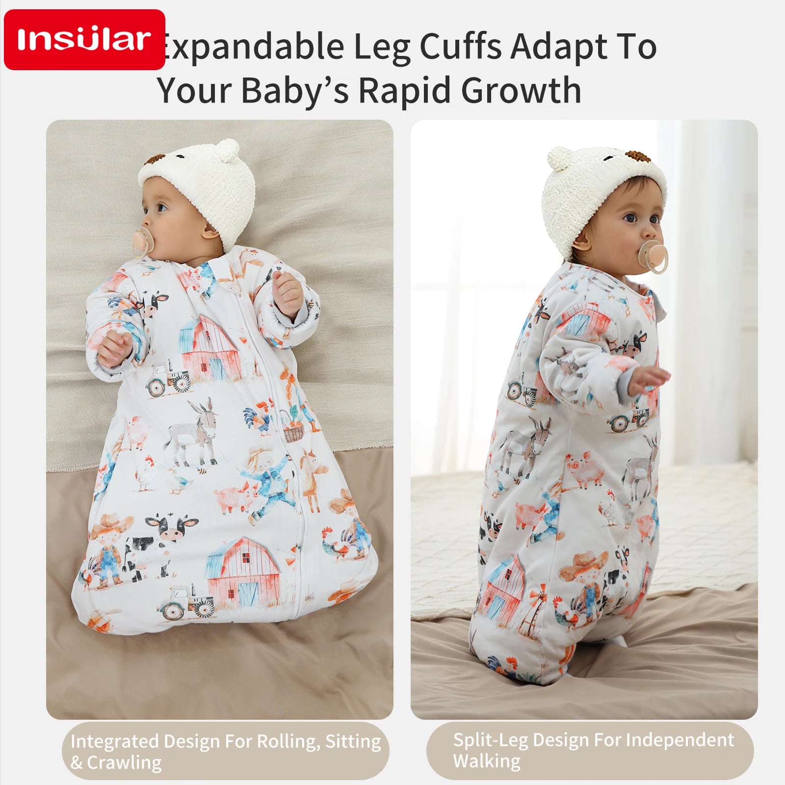 INSULAR Baby Cartoon Split-Leg Sleep Sack with Detachable Sleeves, 100% Cotton Thickened Winter & Autumn Toddler Sleeping Bag