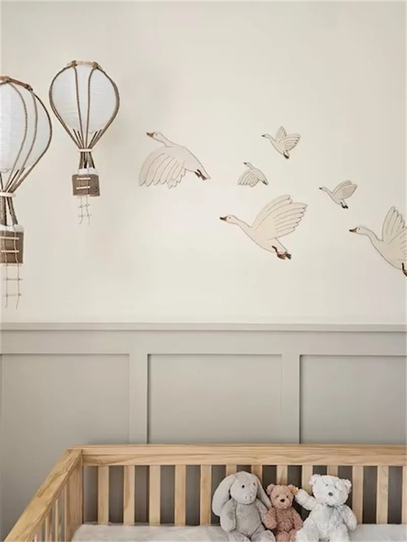6Pcs/Set Ins Scandinavian Style Wooden Group of Flying Goose Mural Niche Can Be Pasted into the Wall to Cover up Ugliness with Retro Inspiration Wooden Goose Home Background Wall Decoration Nursery Wall Decoration Natural Sty
