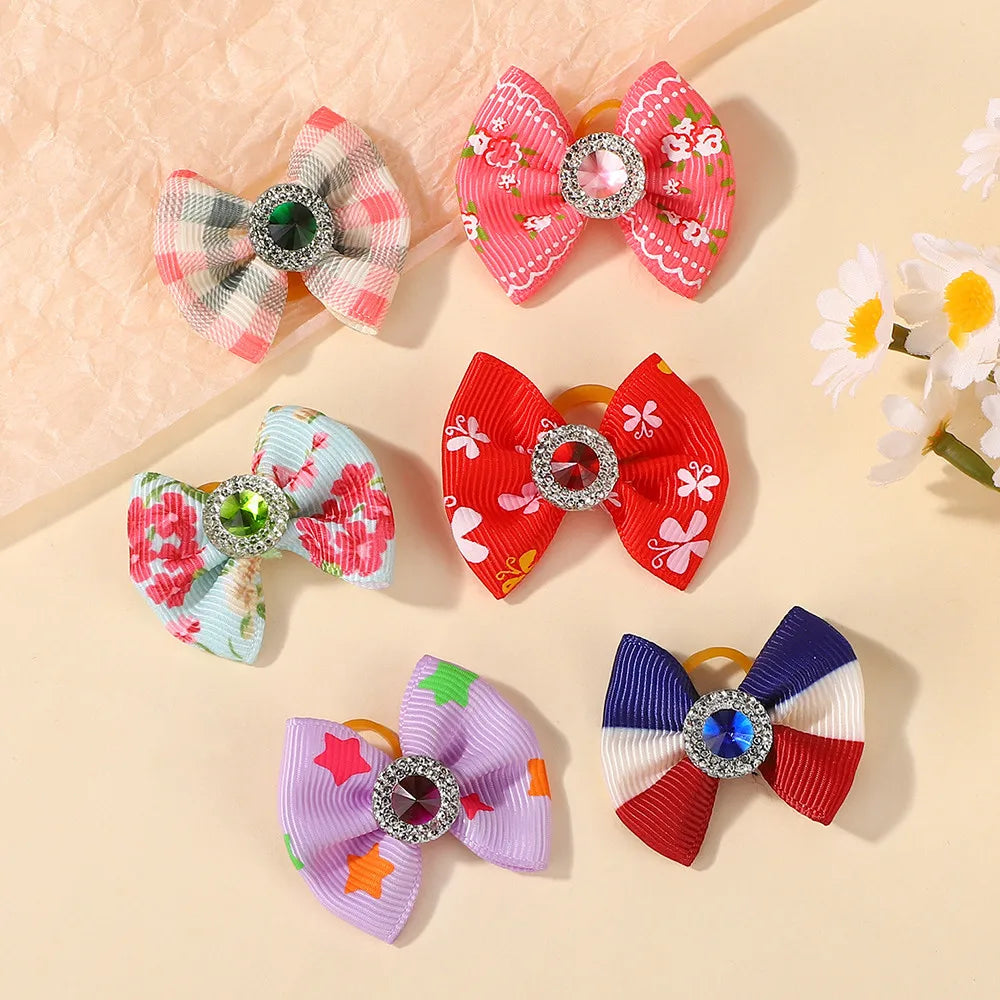Random Color 20Pcs Mini Bowknot Hair Band for Girls Hair Accessories Dopamine Color Elastic Rubber Band Exquisite Gem Head Tie