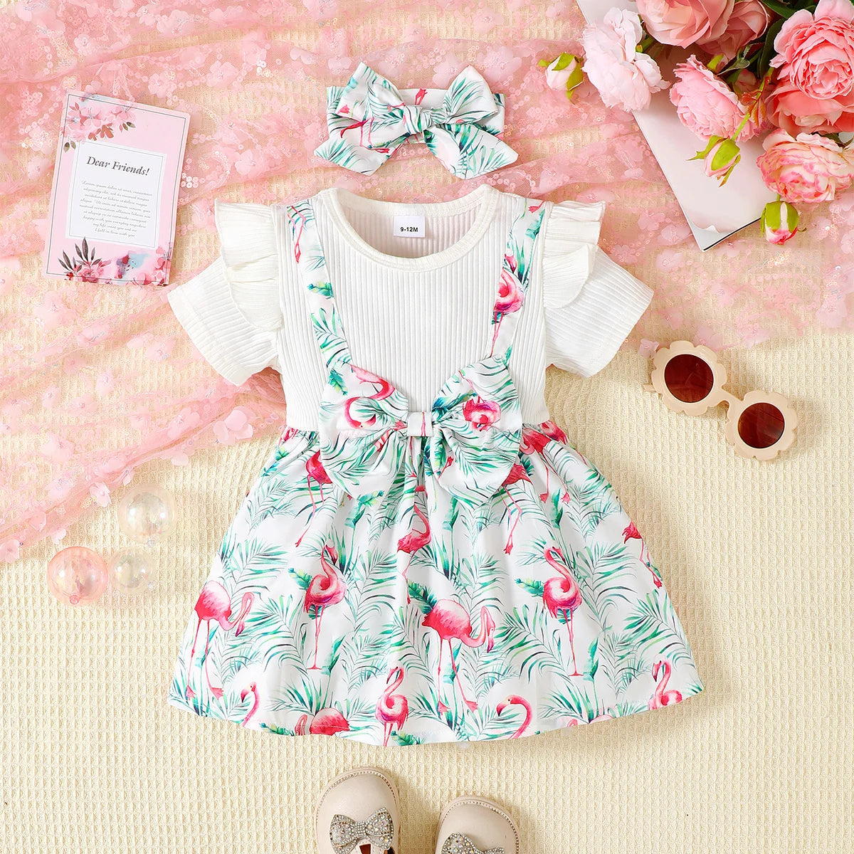 Baby girl Dress Flying sleeve Flamingo Printing Dress+Headband Two-piece Set 0-3 Year Toddler Baby Girl Summer Leisure Dress