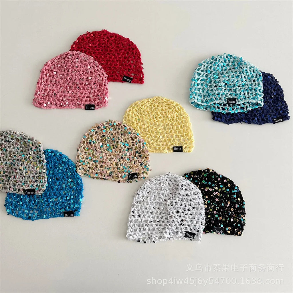 Early Autumn New Ethnic Style Sequin Hollow Knitted Pullover Hat for Girls Fashionable Stylish Fishnet Headwrap Hat
