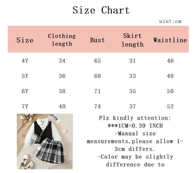 Girls' Set Lapel Splicing Long Sleeve+Checkered Skirt+Mini Bag 3Pcs/Set for 4-7 Year Old Girls' Spring and Autumn Fashion Set