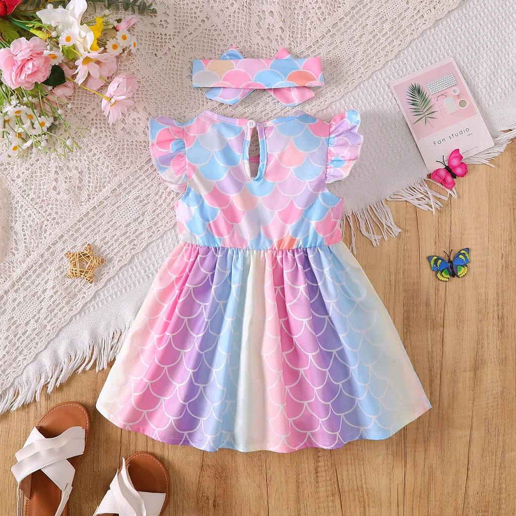 2Pcs Baby girl Dress Round Neck Mermaid print Color Dress+Headband Set suitable for Cute Baby girls 0-3 Years Summer Dress