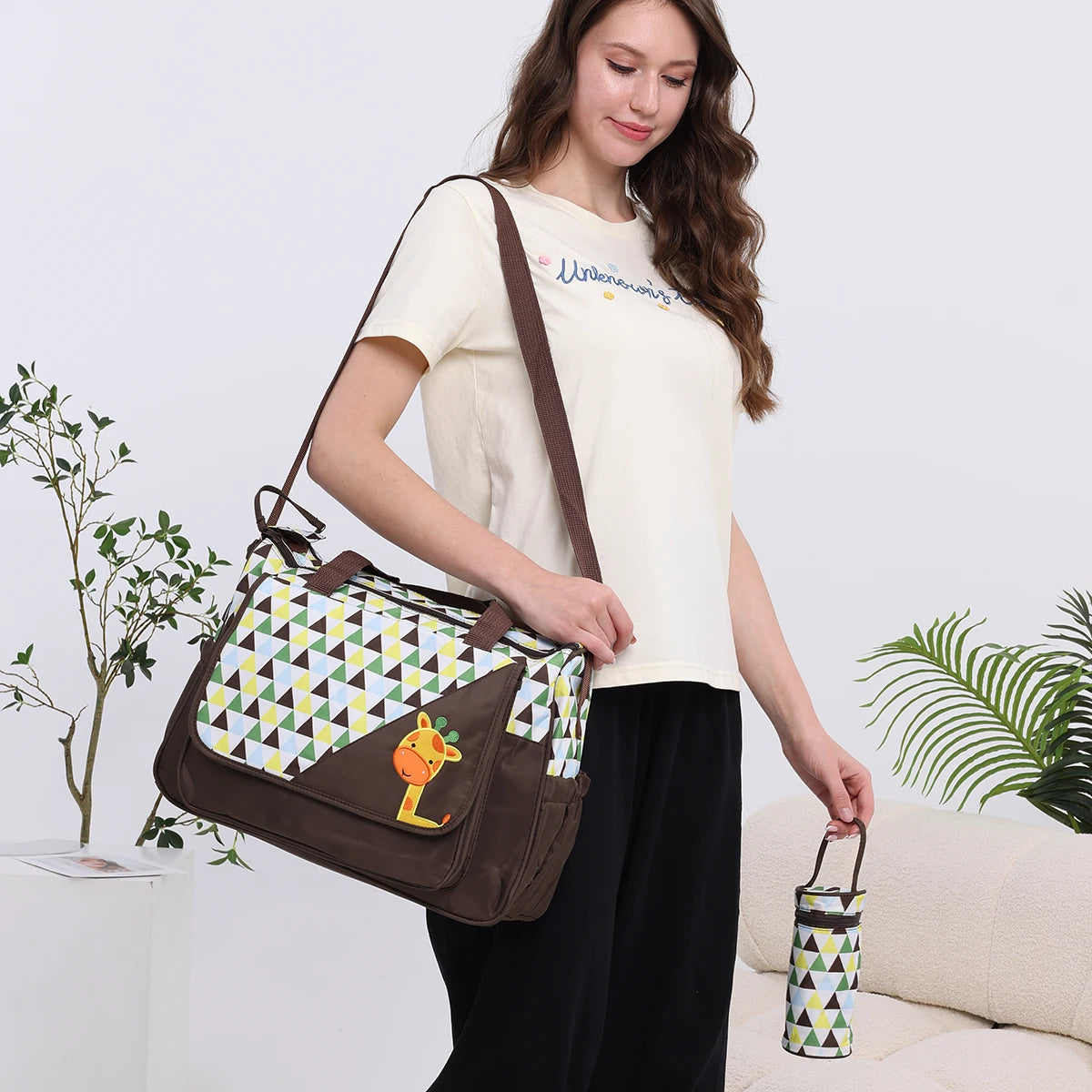 Fashionable Printed Cartoon Pattern Single-Shoulder Mommy Bag Five-Piece Set; Large-Capacity Cross-Body Mommy Bag; Multi-Functional Outing Tote Bag Diaper Bag Set
