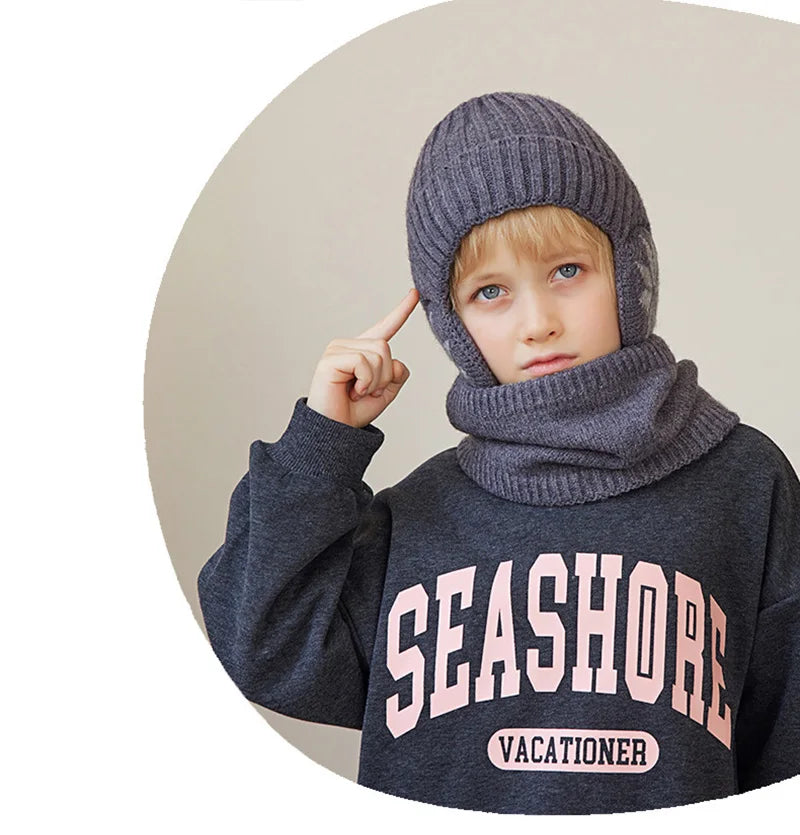 2Pcs Knitted Children Winter Hat Scarf Fleece Lining Ears Protection Kids Beanie Hats Neck Warmer Warm Child Boy Cap 4-10Y