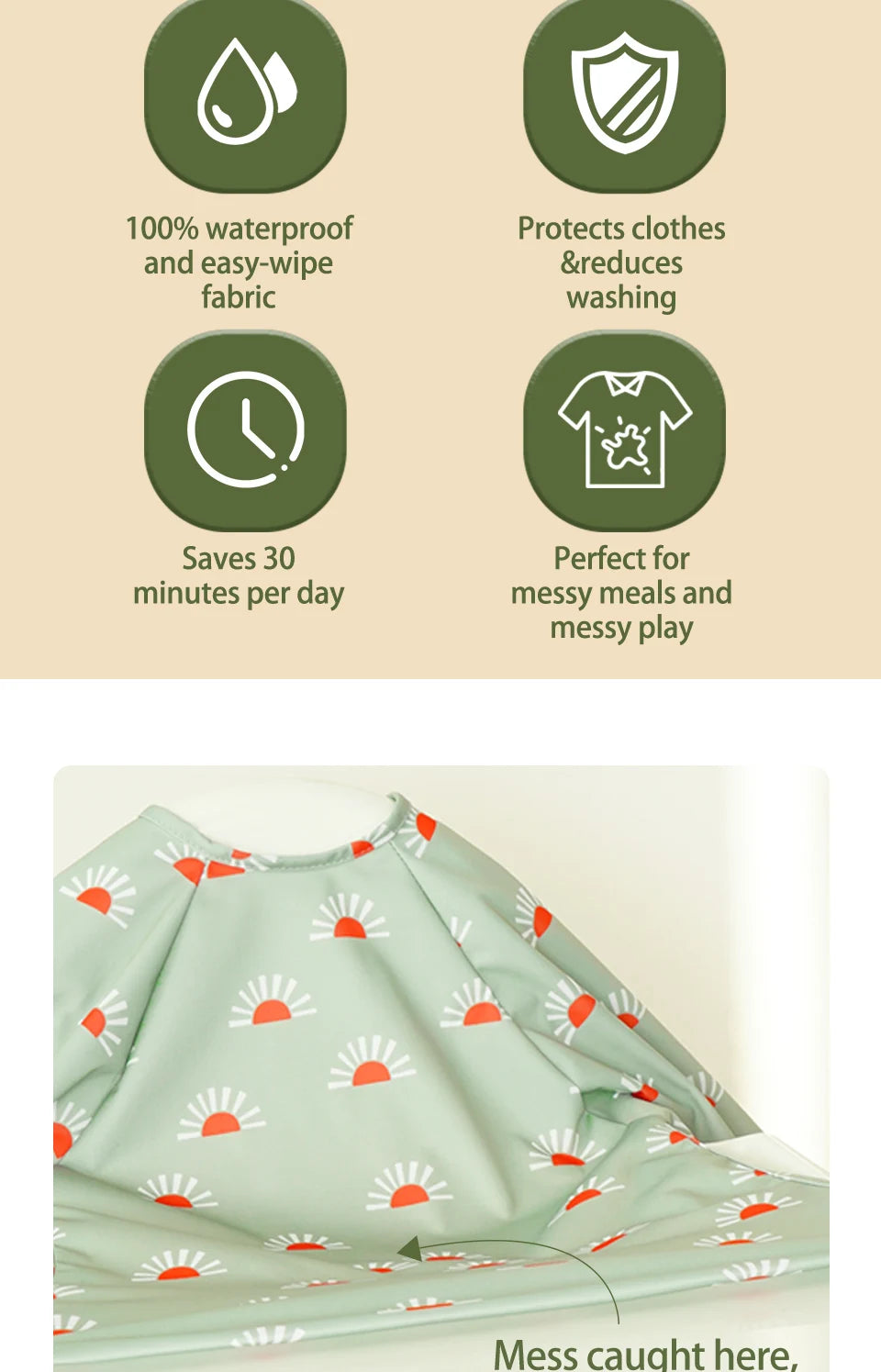 HappyFlute Long-sleeved Coveralls bib Anti-mess Baby Feeding Bib Elastic Strap Use On High chair Stroller Table Waterproof