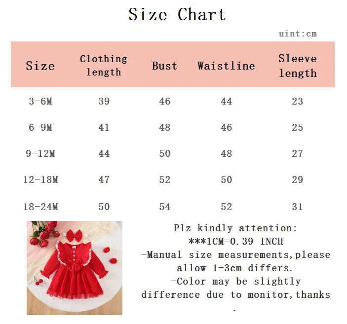 Baby girl Valentine's Day Dress Ruffled Chiffon Fashionable Dress+Bow 2Pcs for Baby girl 0-24 Months in Spring and Autumn Dress