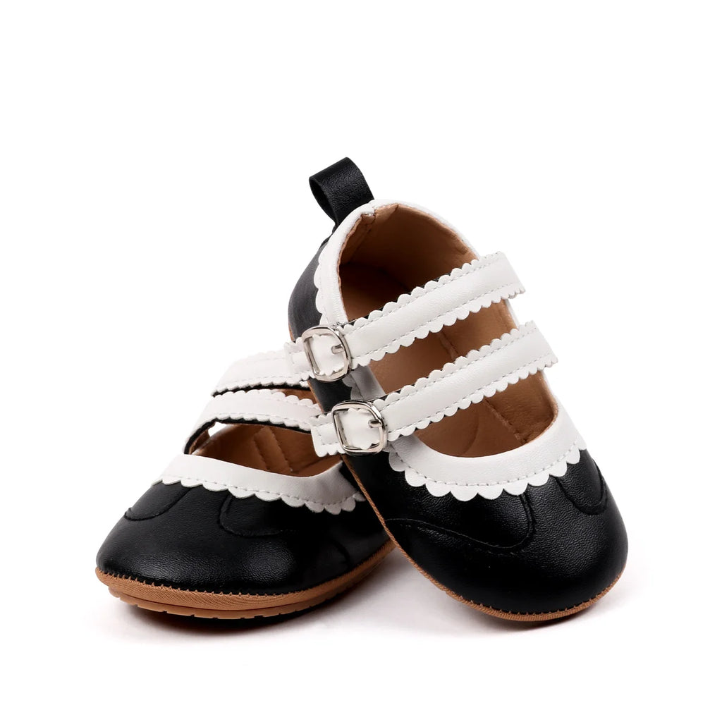 0-18 Months Infant Pre-walker Shoes, Scalloped Lace Trim Dual Buckle Strap Soft Non-slip Rubber Sole Indoor Baby Mary Jane Shoes