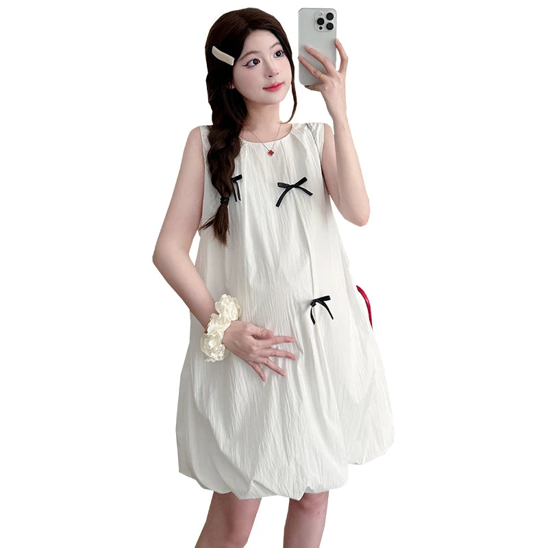Korean Style Maternity Mini Dress Sleeveless White Pregnant Woman Bud Dress Fashion Short Lady Loose Fashion Dress with Bowknot