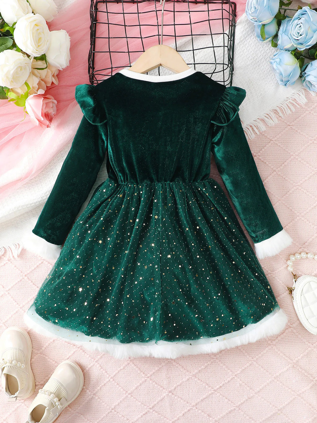 4-7 Year Children Girls Dress Round neck Satin Stars Tulle Ceremonial Dress for Girls' Spring  Autumn Fashion Party Dress