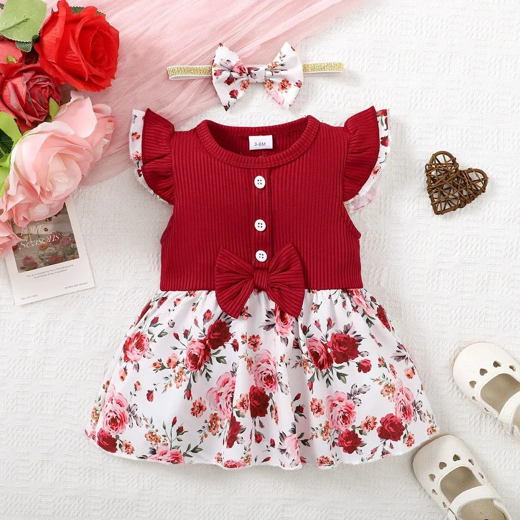 Cute Baby Girl Round Neck Bow Flower Print Fashionable Dress With Headband Suitable for Babies Aged 0-2 Summer Family Gatherings