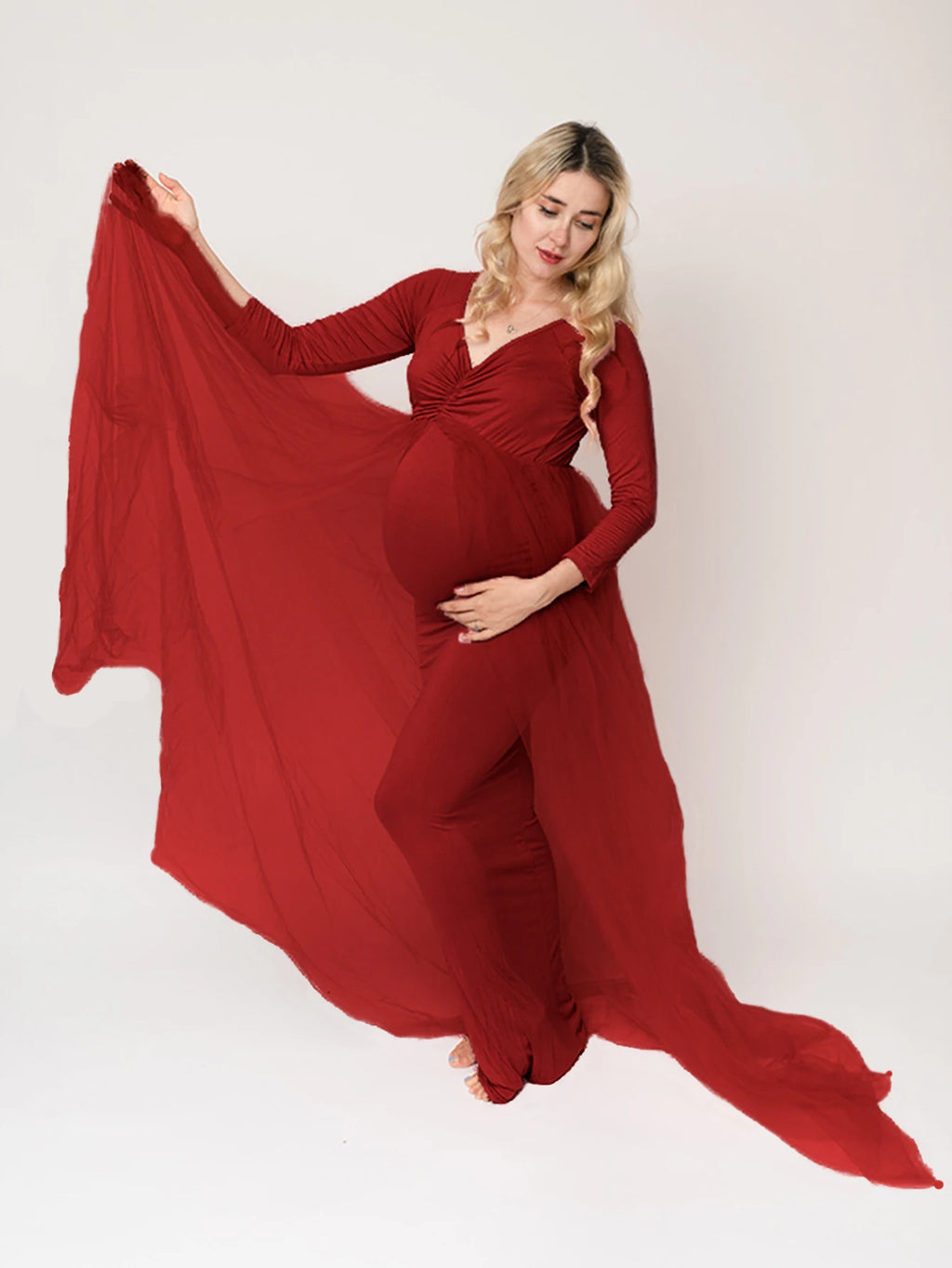 Maternity Long Sleeves Floor Length Mesh Dress Pregnant Dress With Long Train For Shooting Baby Baptism Party