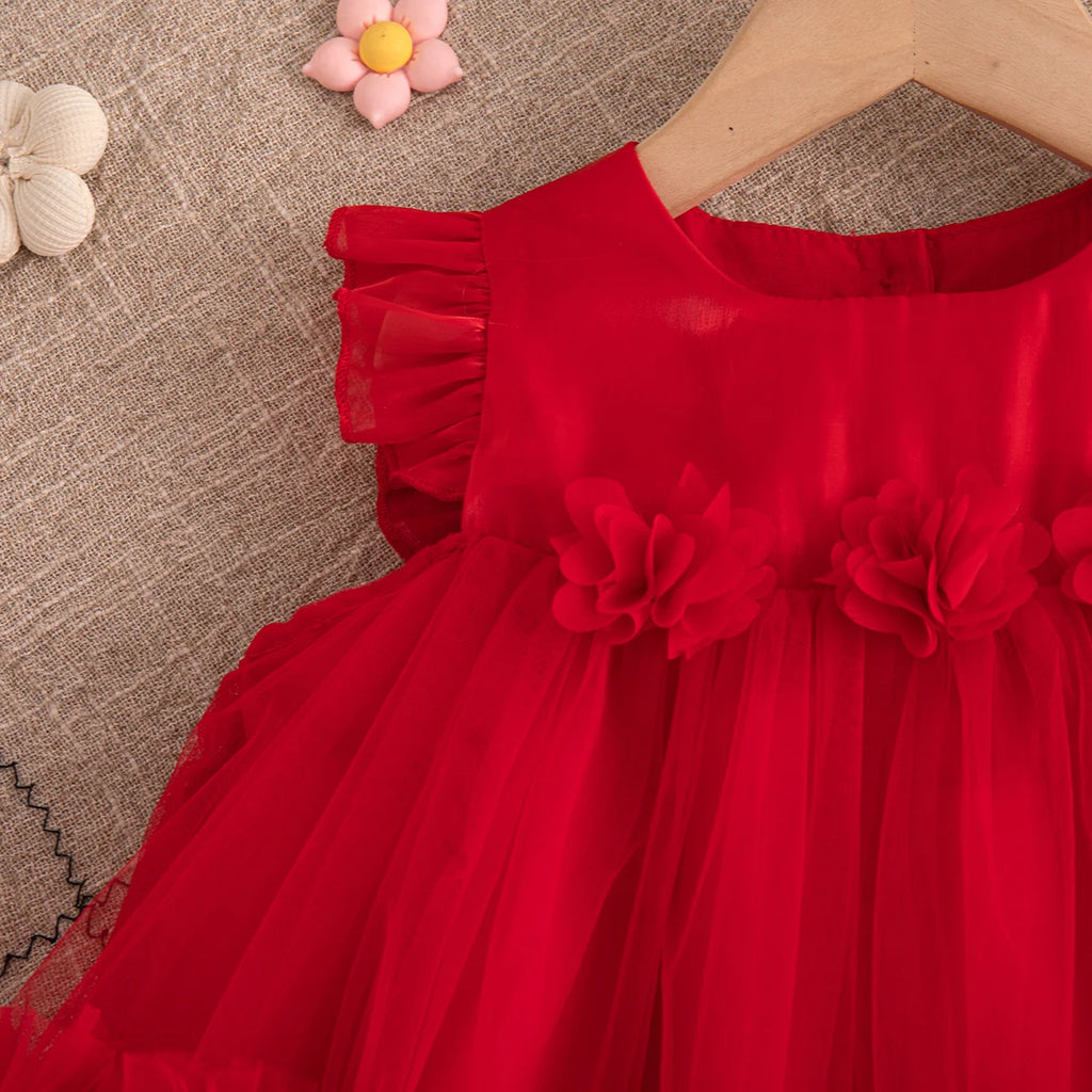 Korean Style Sweet Solid Color Baby Girl Dress Summer Fashion Flower Birthday Party Gift or Wedding Princess Fairy Toddler Dress