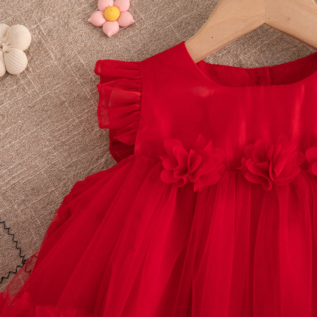 Korean Style Sweet Solid Color Baby Girl Dress Summer Fashion Flower Birthday Party Gift or Wedding Princess Fairy Toddler Dress