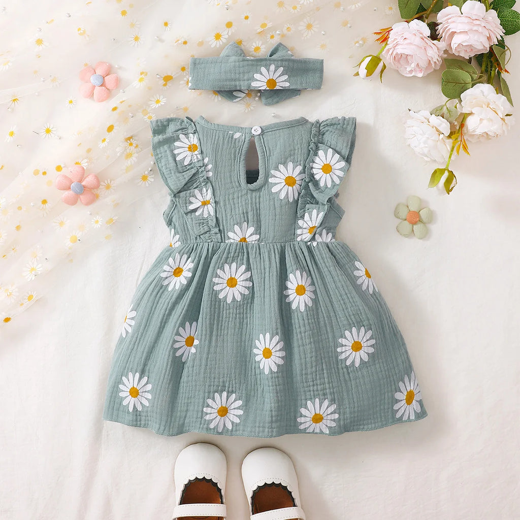 Summer  0-1 Years  Old  Infant  Baby Girls Daisy Print  Fashion  Sleeveless  Casual  Dresses