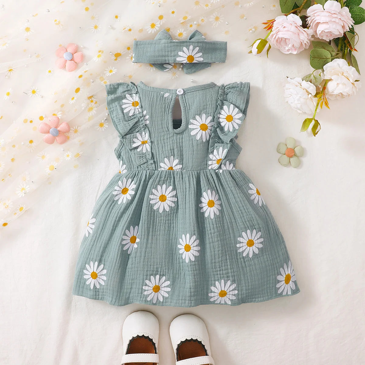 Summer  0-1 Years  Old  Infant  Baby Girls Daisy Print  Fashion  Sleeveless  Casual  Dresses