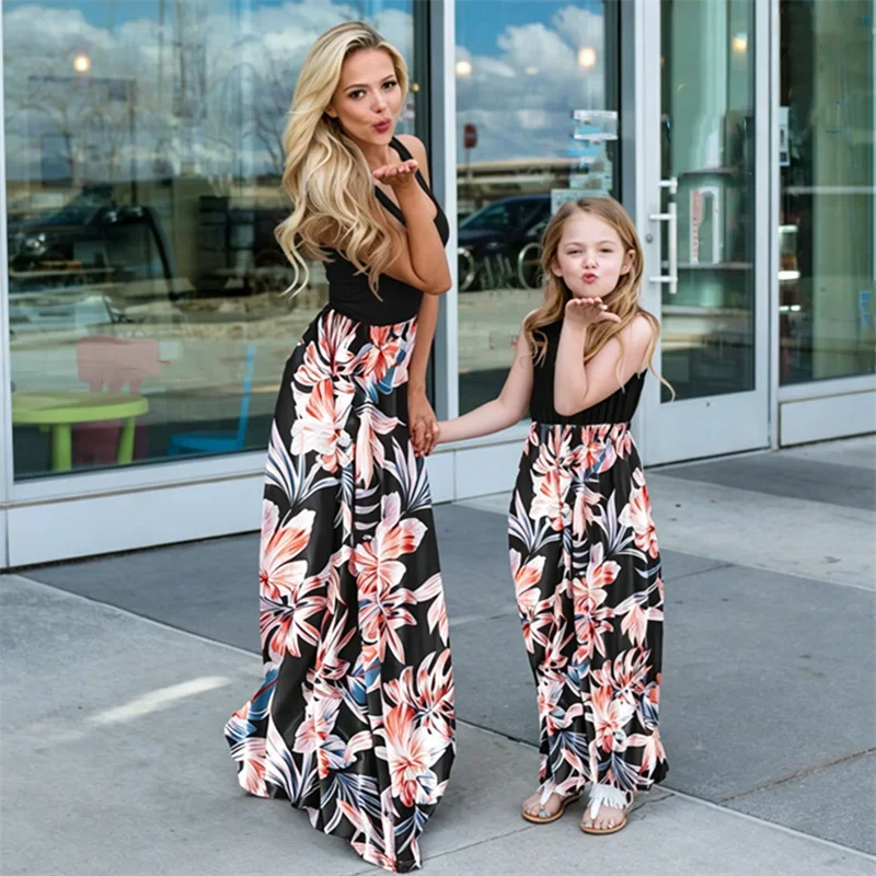 Vintage Mother Daughter Dress Vestidos Family Matching Outfits Children Dress Beach Casual Women Dresses Summer Girls Clothing