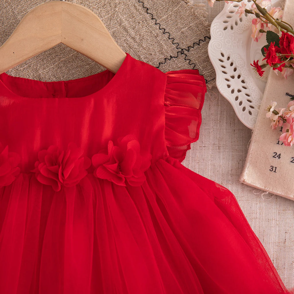 Korean Style Sweet Solid Color Baby Girl Dress Summer Fashion Flower Birthday Party Gift or Wedding Princess Fairy Toddler Dress