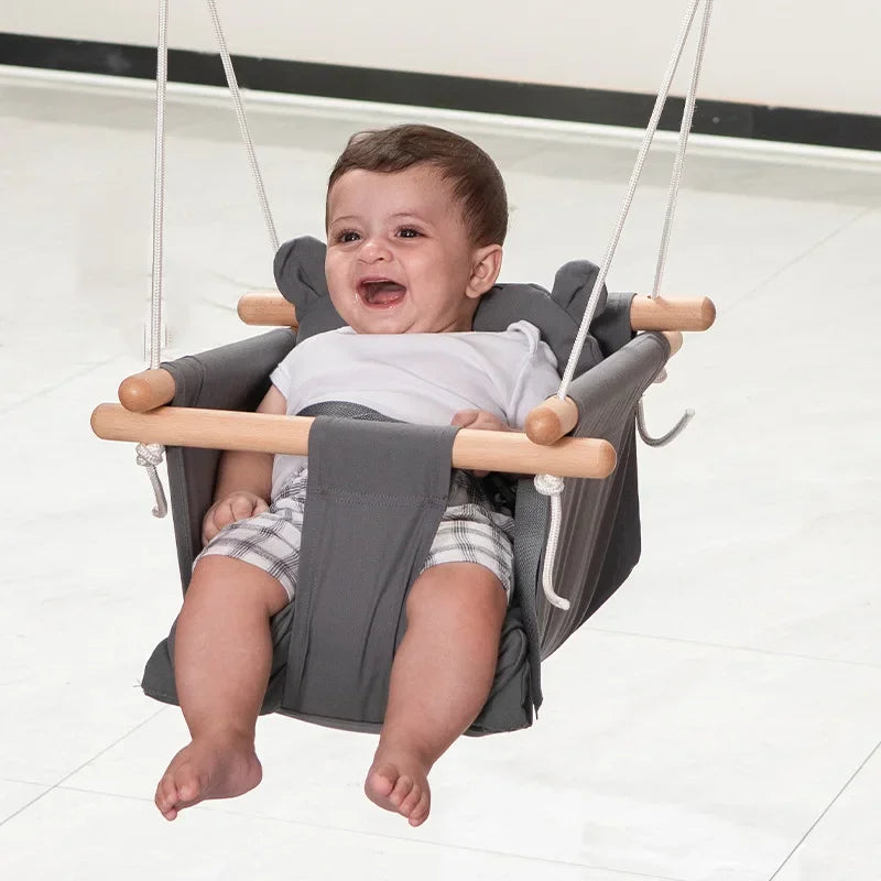 Beige Canvas and Wood Baby Swing Chair - Indoor Outdoor Hanging Toy