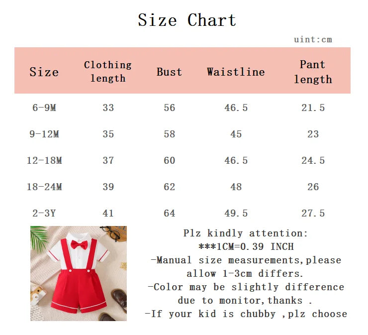 2Pcs Baby Boys' College Style Set with Bow Edge Binding Shirt Strap Shorts Set for 0-3 Year Old Baby Boys' Summer Party Set