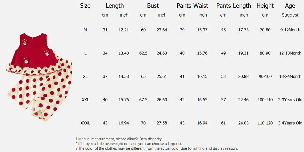 Children's Top and Bottom Clothes Set Summer Cute Cartoon Red Shirt with Comfortable Breathable Polka Dot Baby Girl Pants Outfit