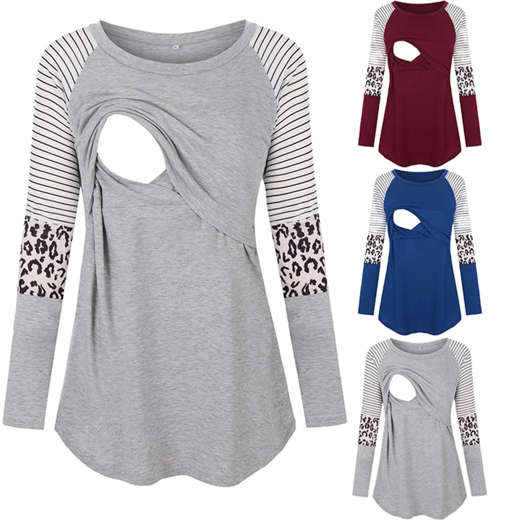 Women Maternity Long Sleeve Nursing Patchwork Color Tops Breastfeeding Blouse