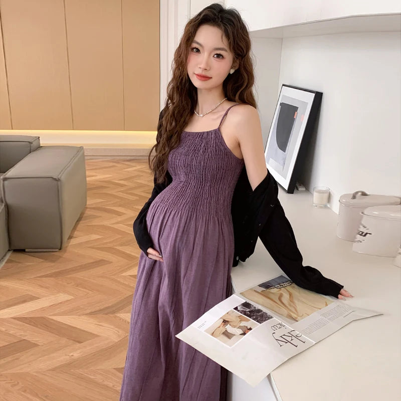 2026 Spring Maternity Dress Suits Long Sleeve Cardigans Strap Dress Twinset Pregnant Woman Clothing Set
