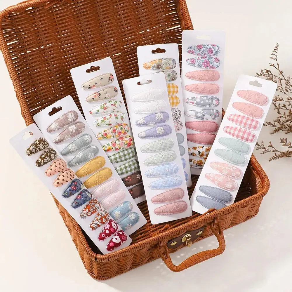 20 Pcs/Set Ins Flower Print Cotton Alloy Bow Hair Snap Clips Set Fabric Chess Baby Clamps Girls Headdress