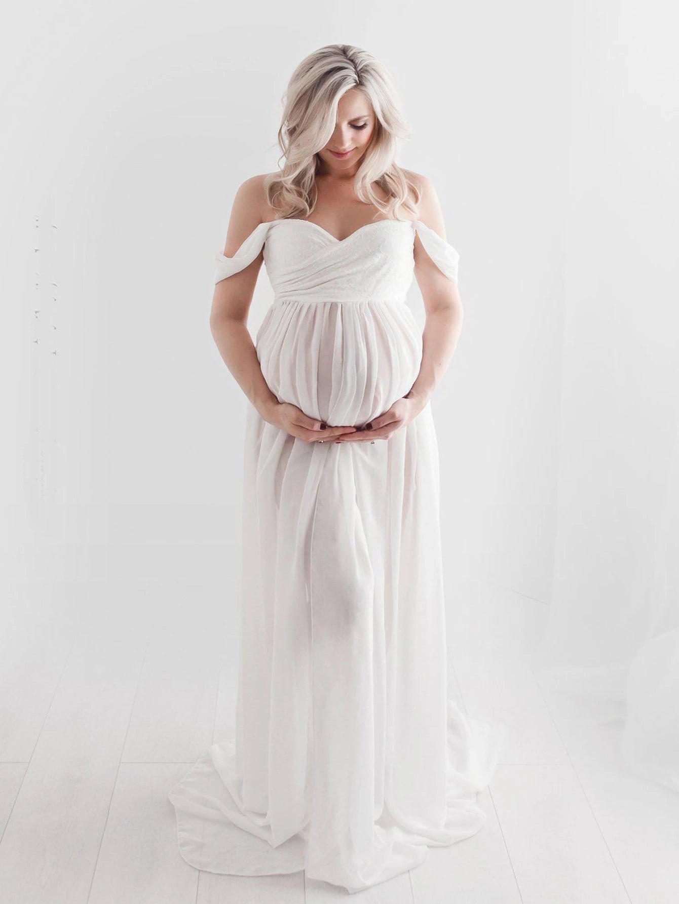 JustVH Maternity Off Shoulder Chiffon Lace Gown Split Front Maxi Photography Dress for Photoshoot
