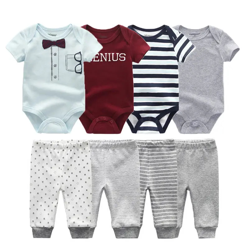 8-Piece Cartoon Baby Bodysuits and Pants Cotton Newborn Unisex Short Sleeve Onesies Trousers 0-12 Months