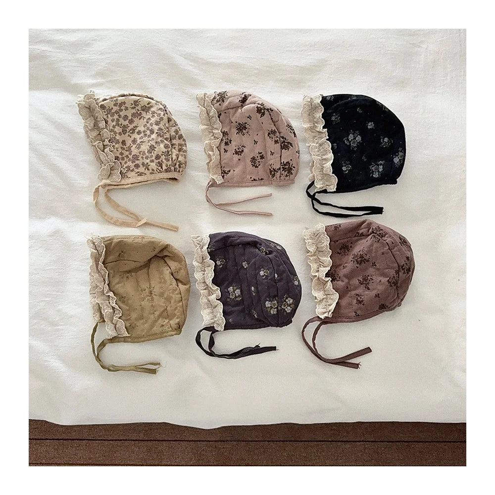 Children Warm Winter Cap Kids Girls Quilted Earflap Hat for Newborns Baby Floral Print Lace Trim Bonnet for Girls Accessories