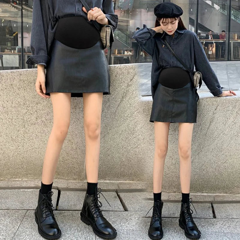 Pretty Maternity Autumn Skirts Vintage High Waist Pregnant Woman Slim Belly Skirts Elegant Pregnancy A-line Pu Leather Skirt