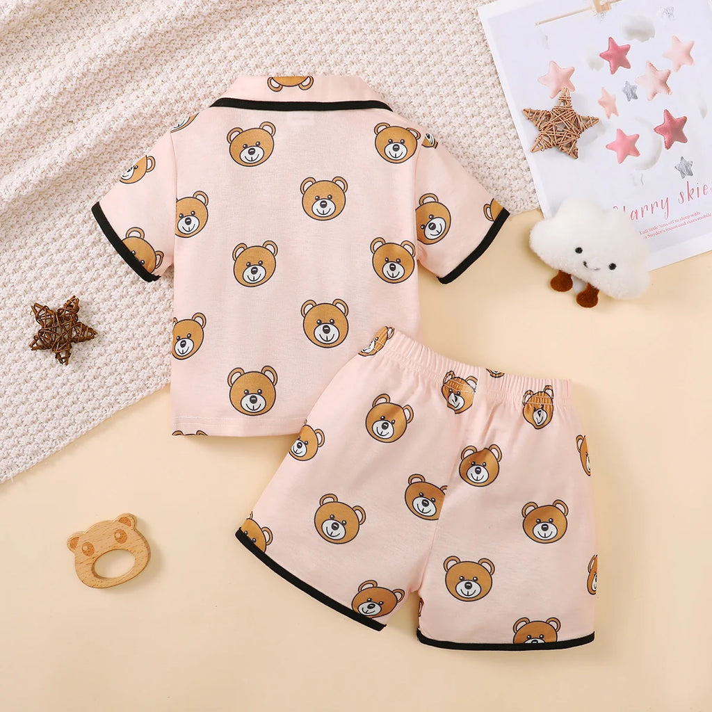 Children's Girls' Cartoon Pajamas Teddy Bear Strawberry print Short sleeved+Shorts 2Pcs/Set 0-3 Years old Cute Baby Girl Pajamas