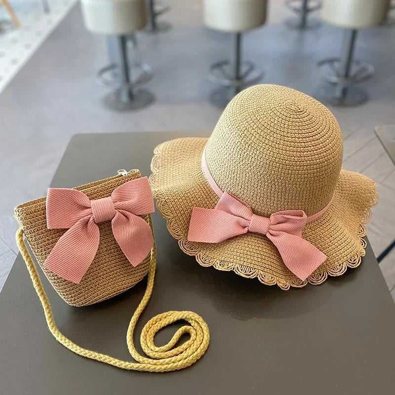 Kids Hat for Girls 2-7Y Straw Children's Sunshade Cap Bag Summer Baby Travel Sunscreen Beach Hat Sun Fisherman Cap Fashion Style