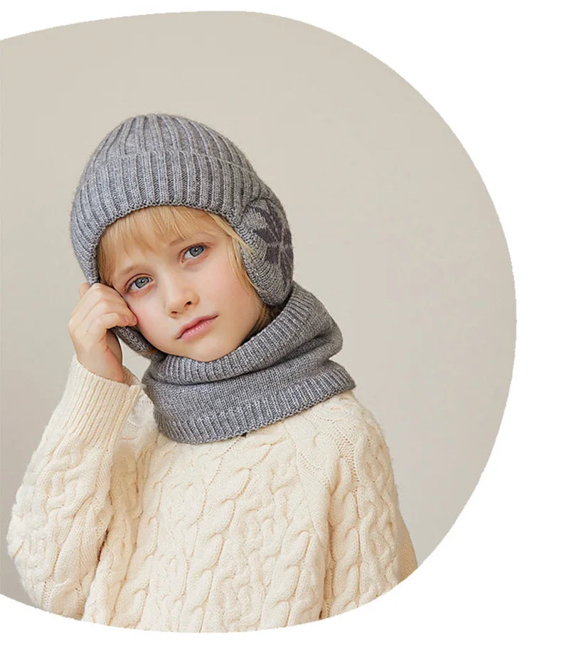 2Pcs Knitted Children Winter Hat Scarf Fleece Lining Ears Protection Kids Beanie Hats Neck Warmer Warm Child Boy Cap 4-10Y