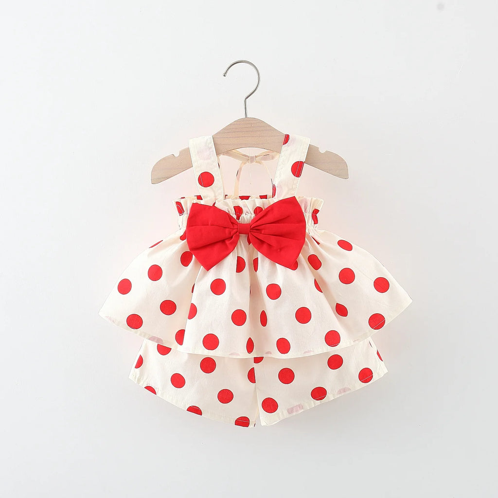 2pc/Set Girls' Outfit Set Summer Polka Dot Bow Blouse And Shorts Baby Girl Clothing Cute Beach Baby Set